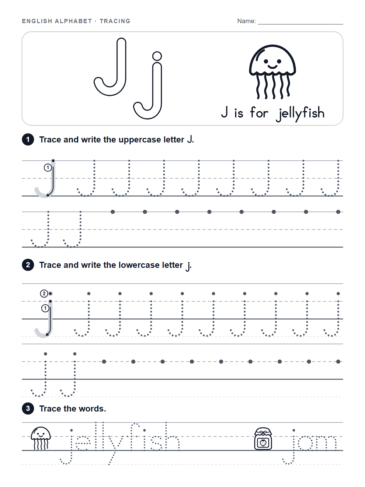 Letter J Tracing Worksheet — printable worksheet