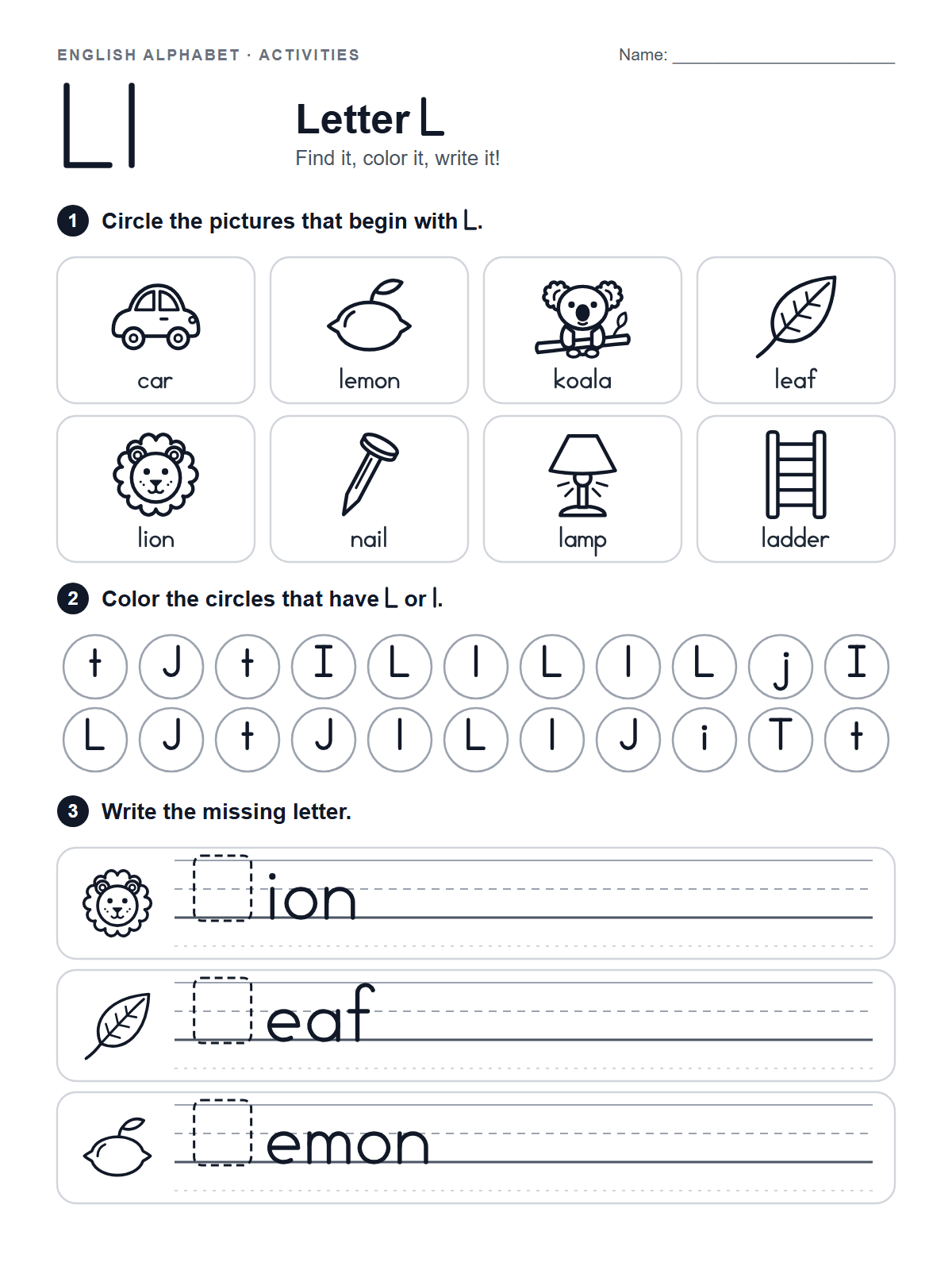 Letter L Worksheet — printable worksheet