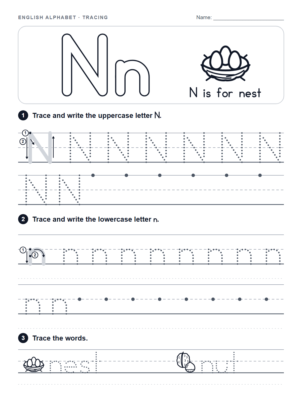 Letter N Tracing Worksheet — printable worksheet