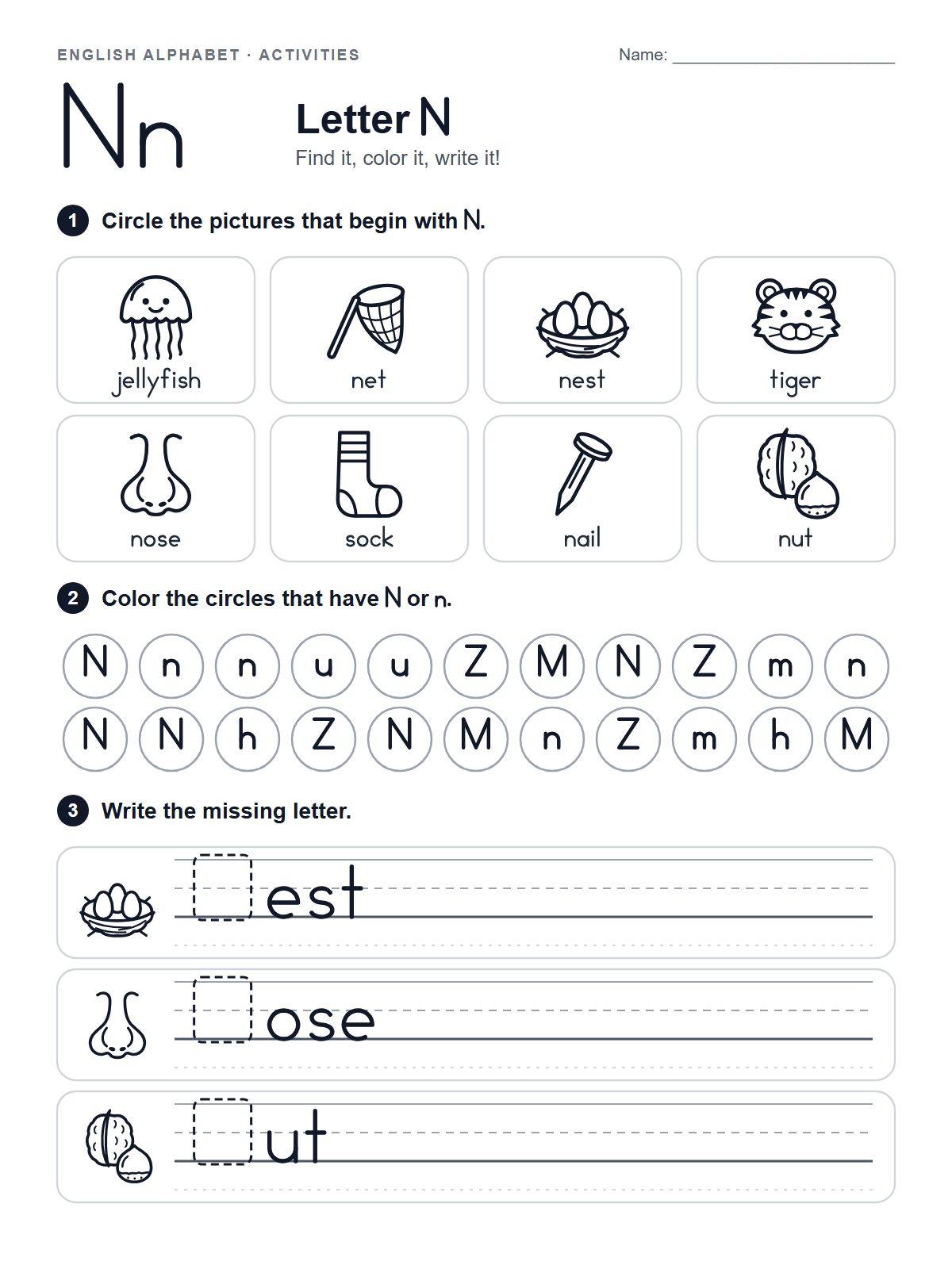 Letter N Worksheet — printable worksheet