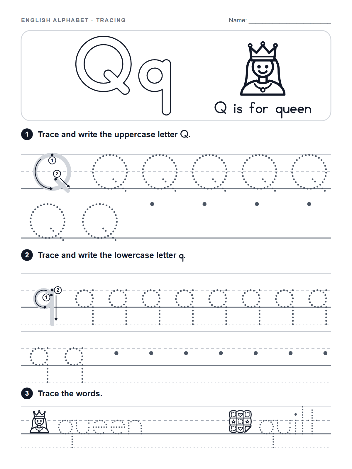 Letter Q Tracing Worksheet — printable worksheet