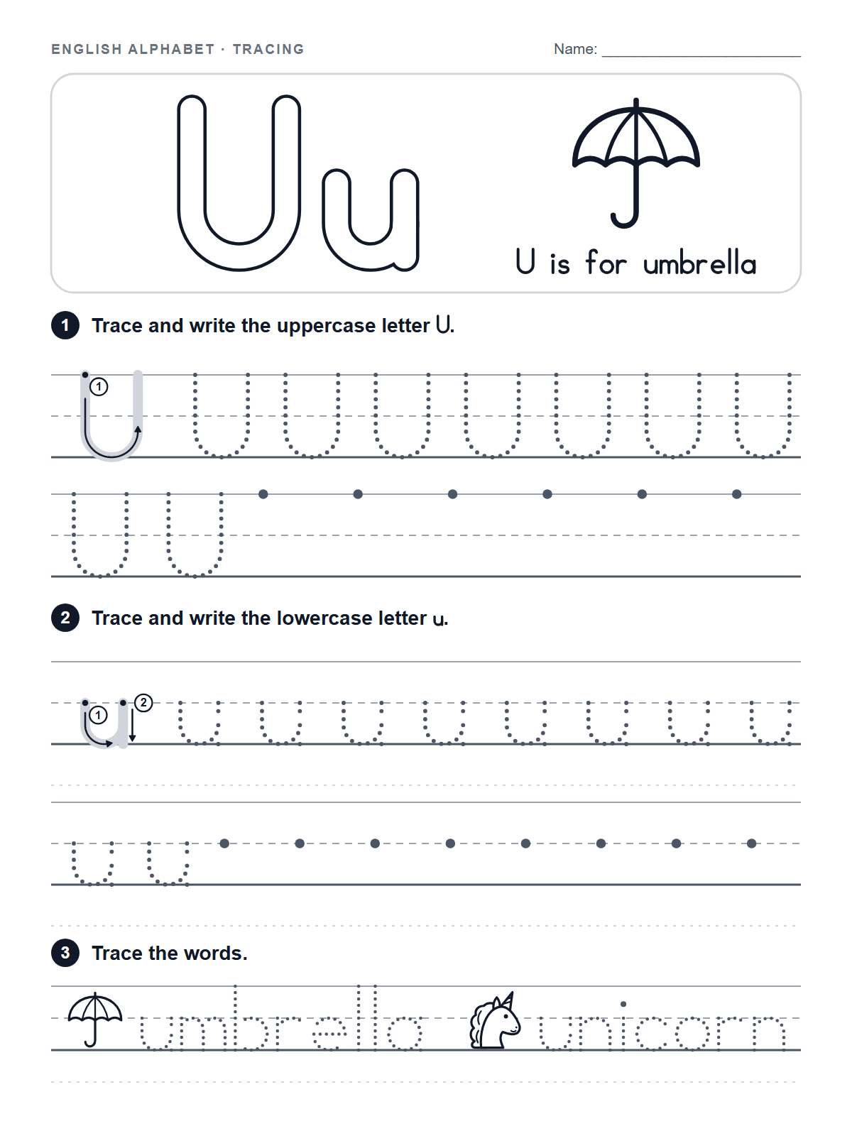 Letter U Tracing Worksheet — printable worksheet