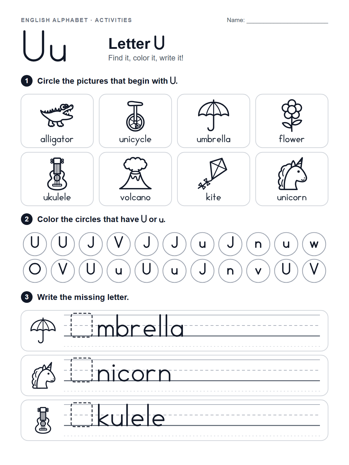 Letter U Worksheet — printable worksheet