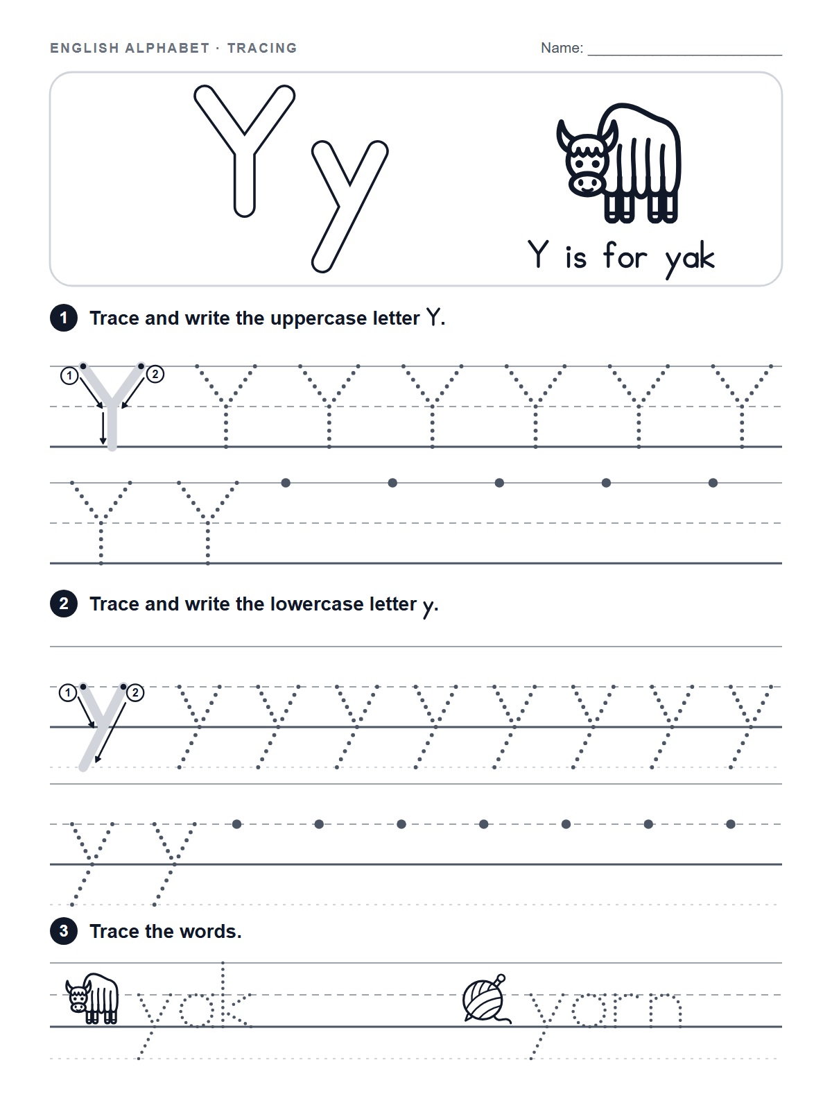 Letter Y Tracing Worksheet — printable worksheet