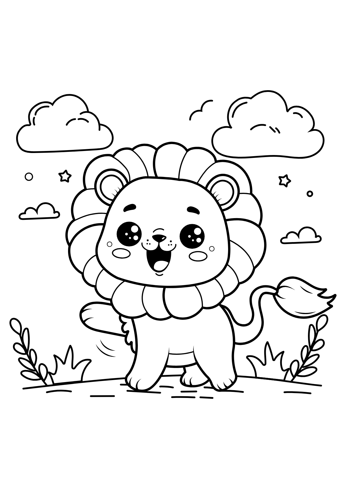 Lion Cub in the Meadow — printable coloring page