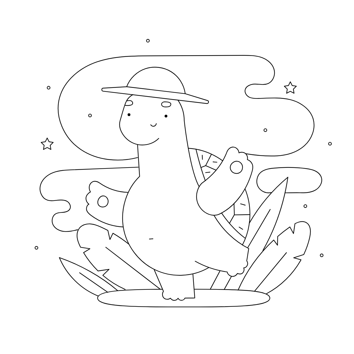 Little Dinosaur in Mushroom Garden — printable coloring page