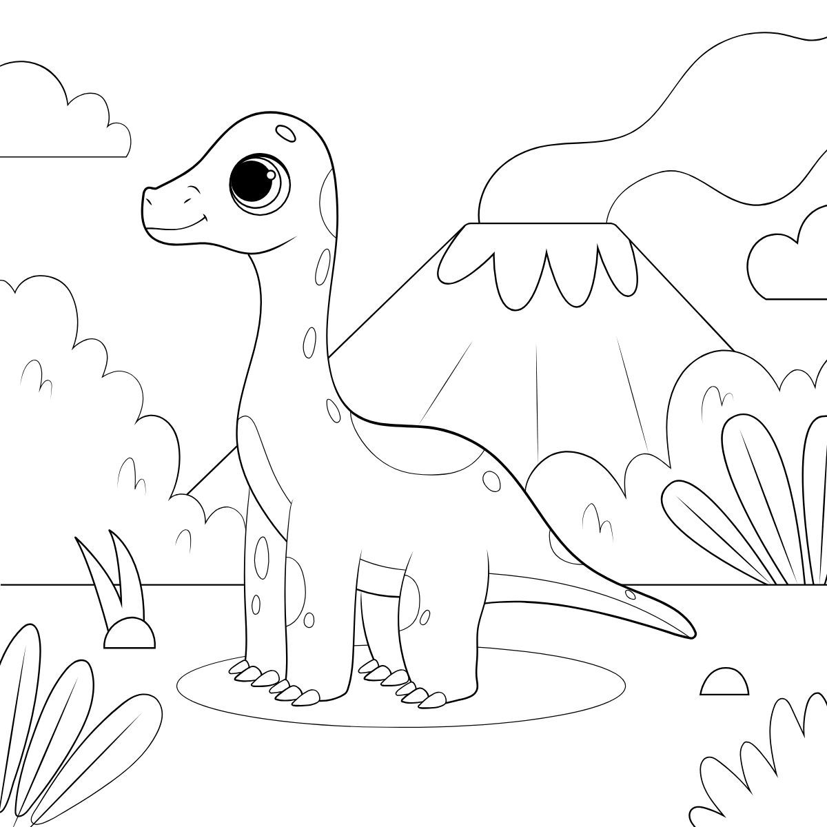 Long-Neck Dinosaur by Volcano — printable coloring page