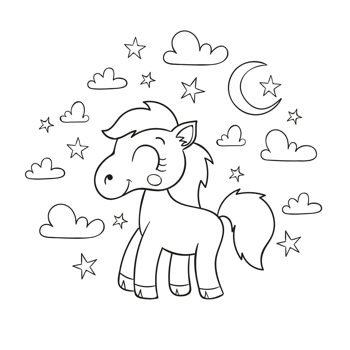 Night Sky Baby Unicorn — printable coloring page