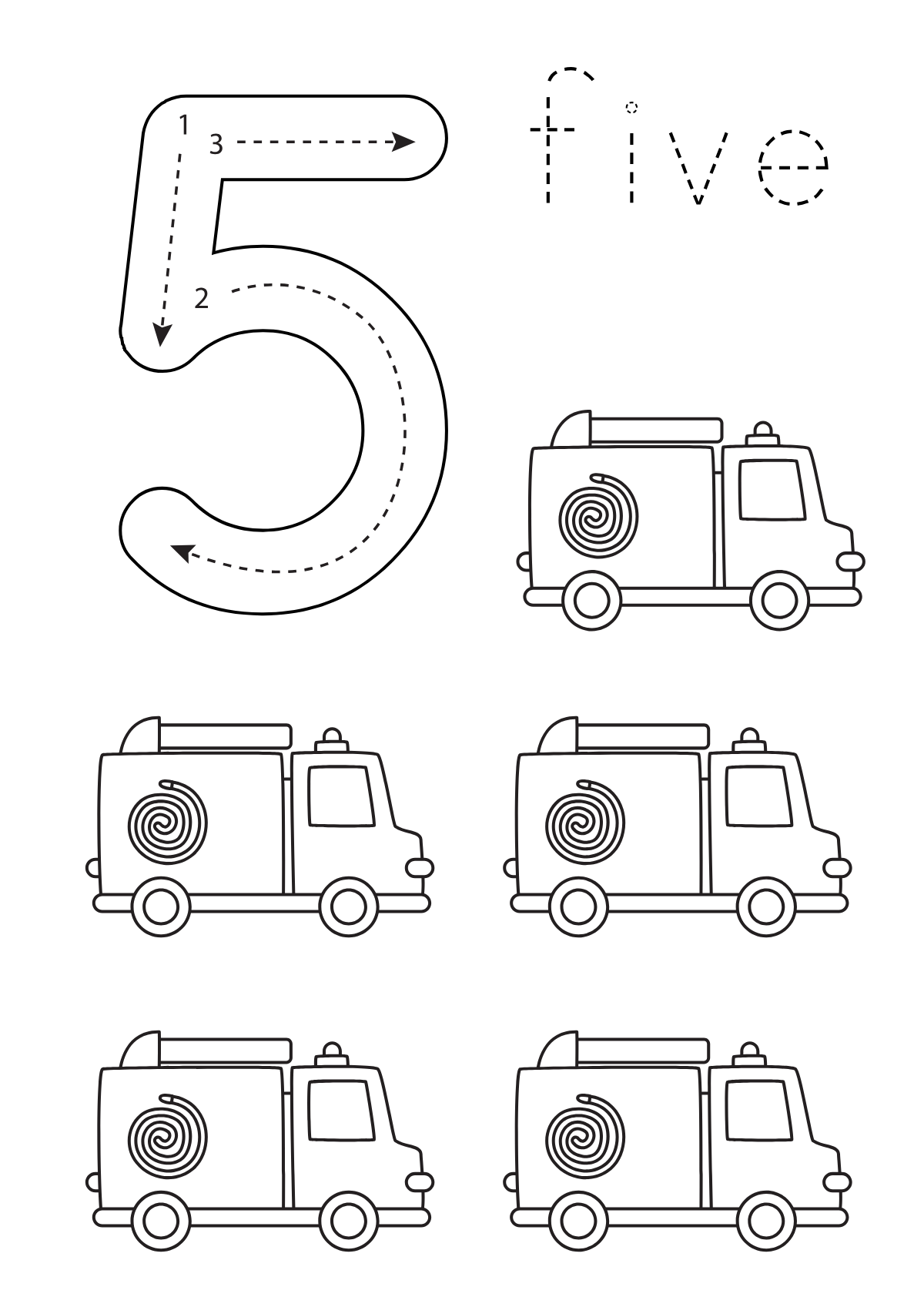 Number Five Vehicles — printable coloring page
