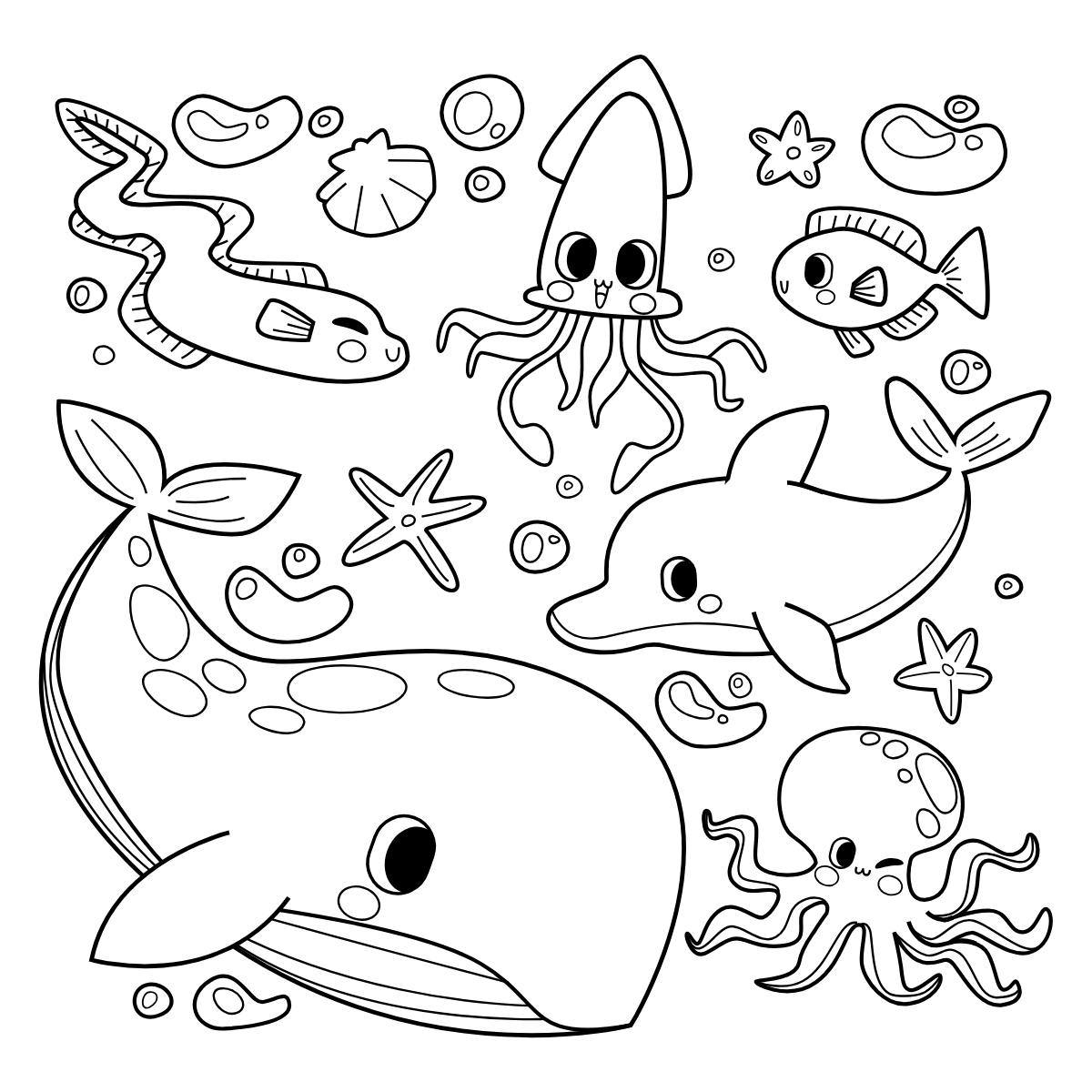 Ocean Animal Friends — printable coloring page