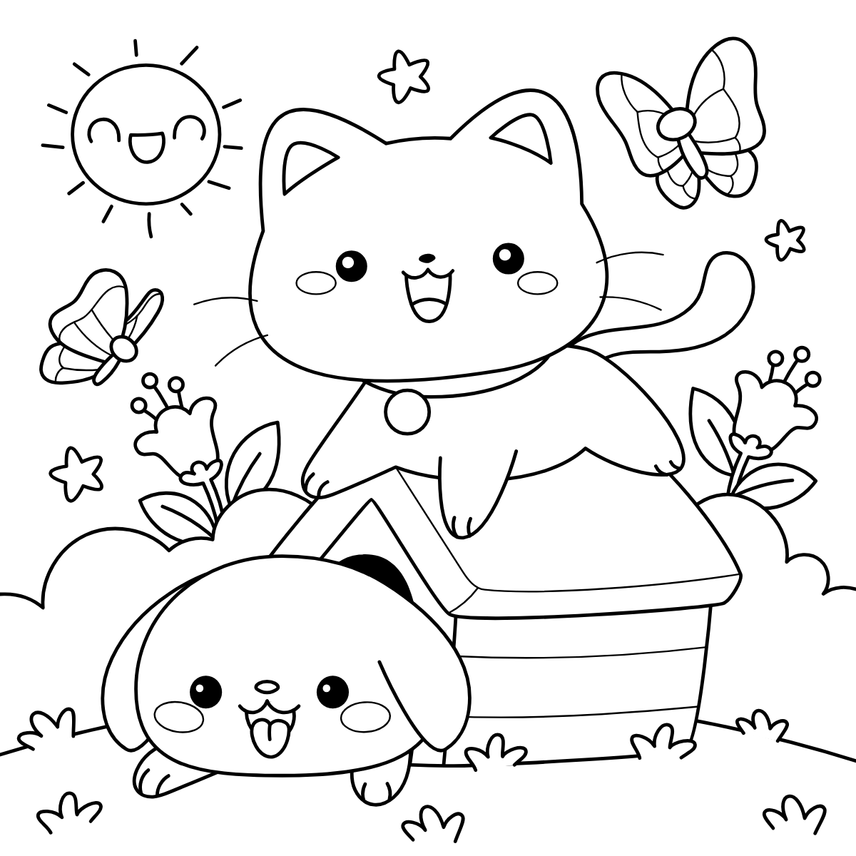 Picnic Cat and Puppy — printable coloring page