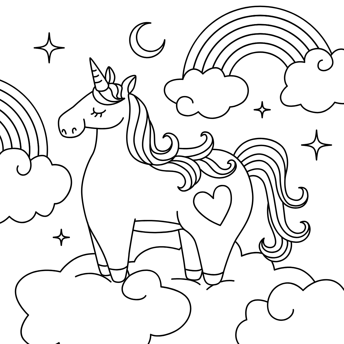 Rainbow Cloud Unicorn — printable coloring page