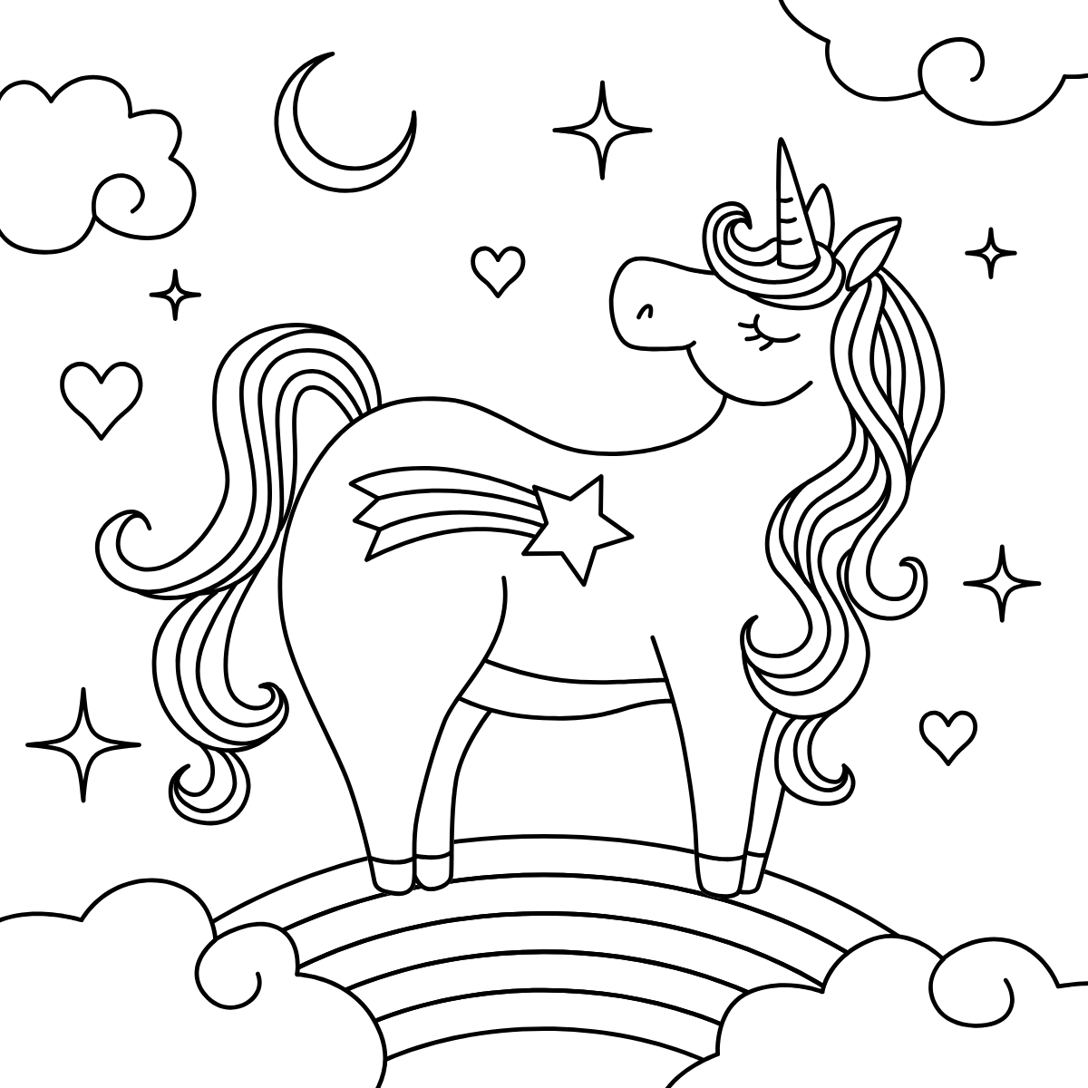 Rainbow Hearts Unicorn — printable coloring page