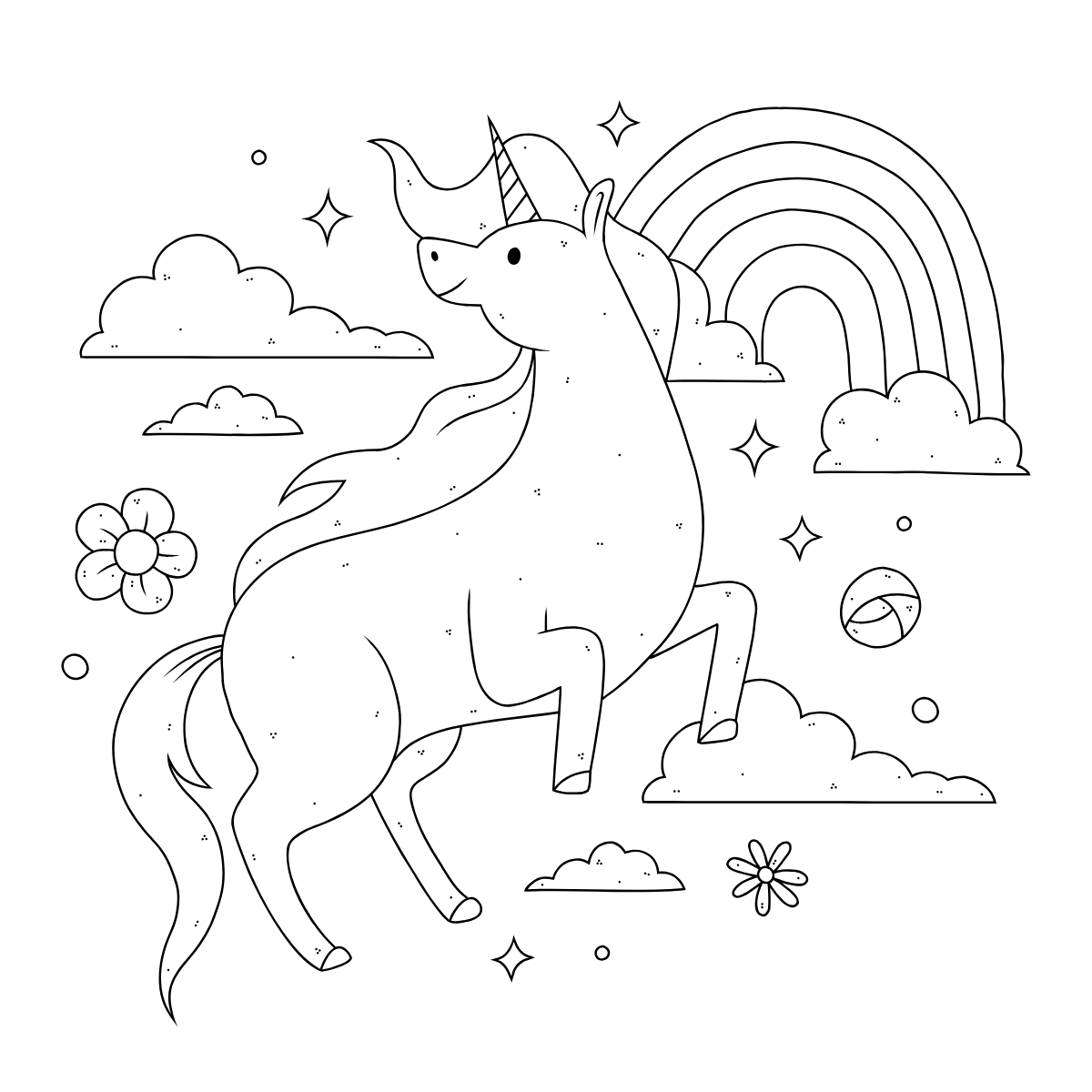 Rainbow Meadow Unicorn — printable coloring page