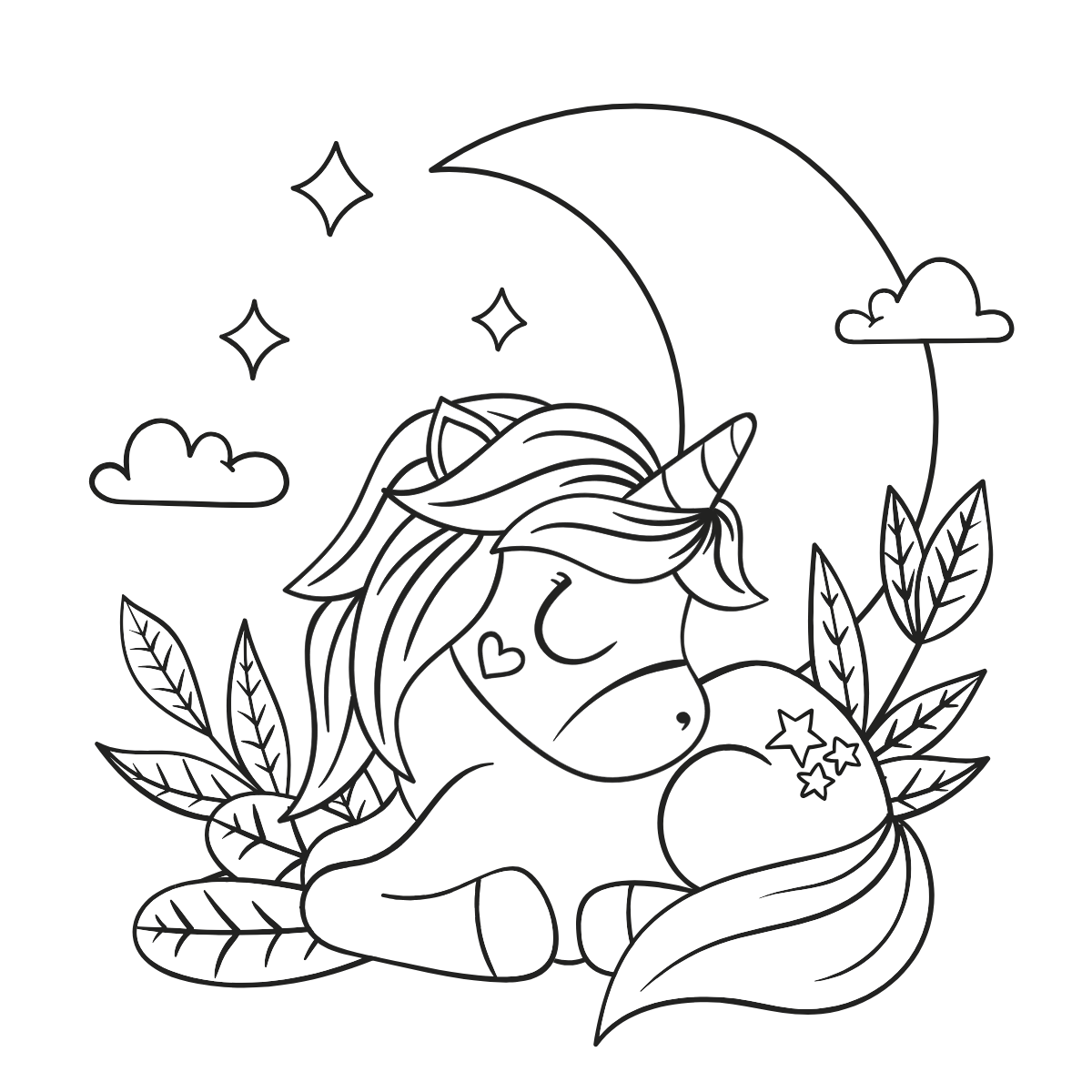 Resting Unicorn with Flower — printable coloring page