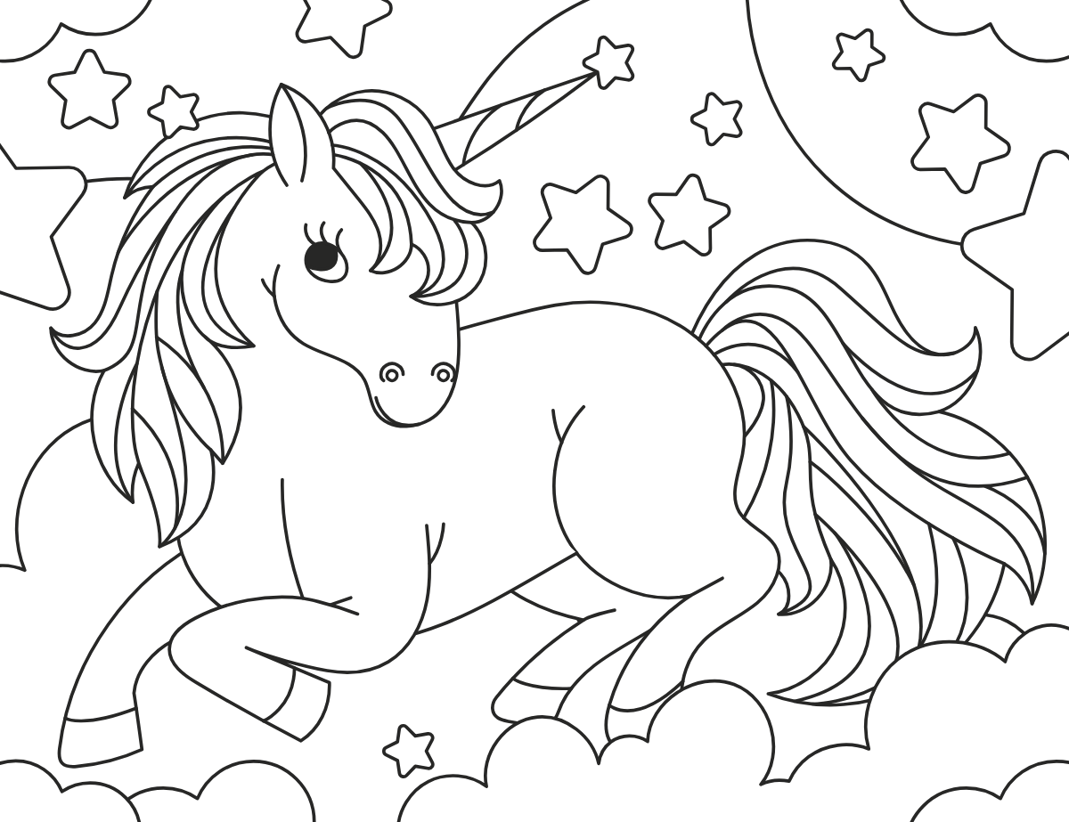 Resting Unicorn — printable coloring page
