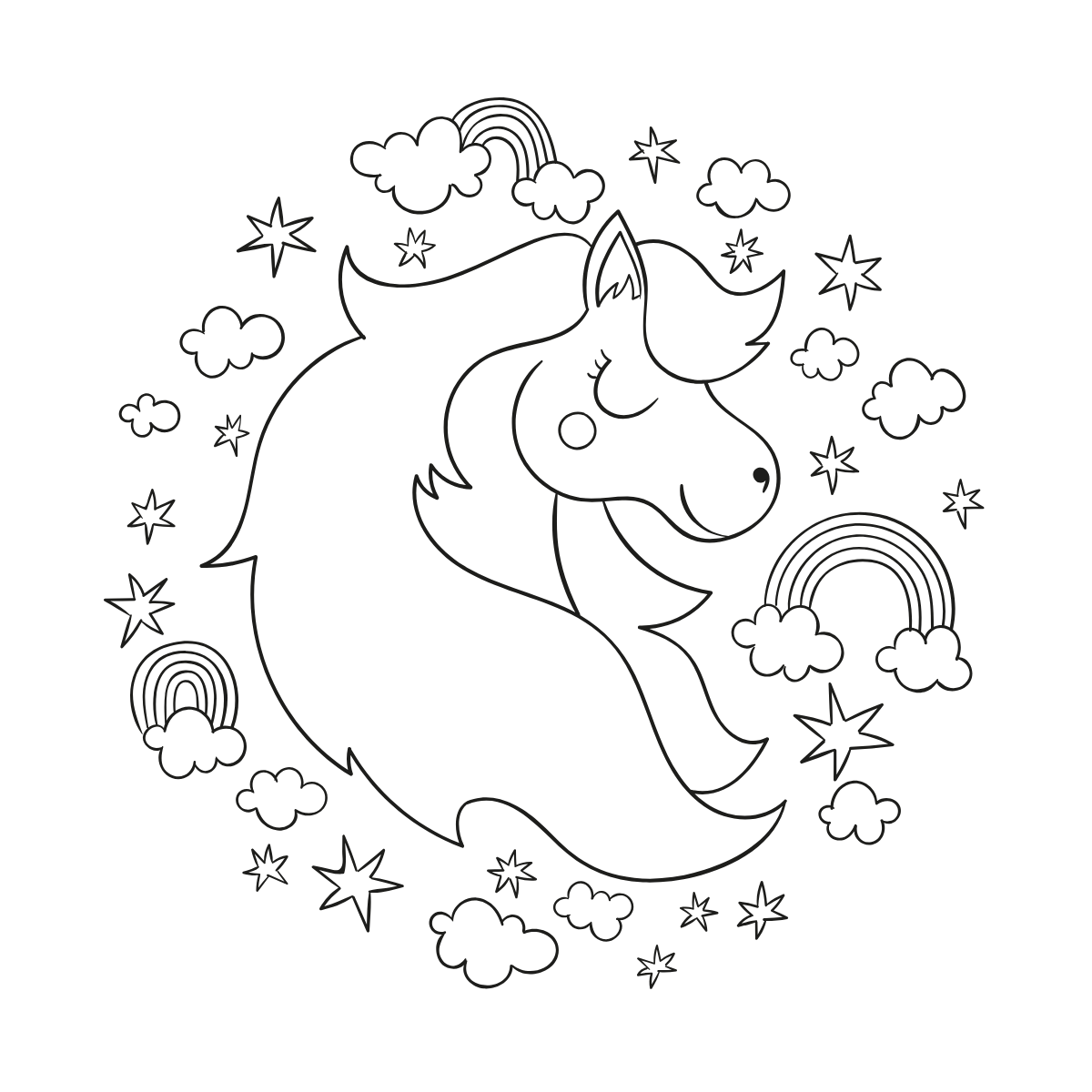 Sleeping Moon Unicorn — printable coloring page