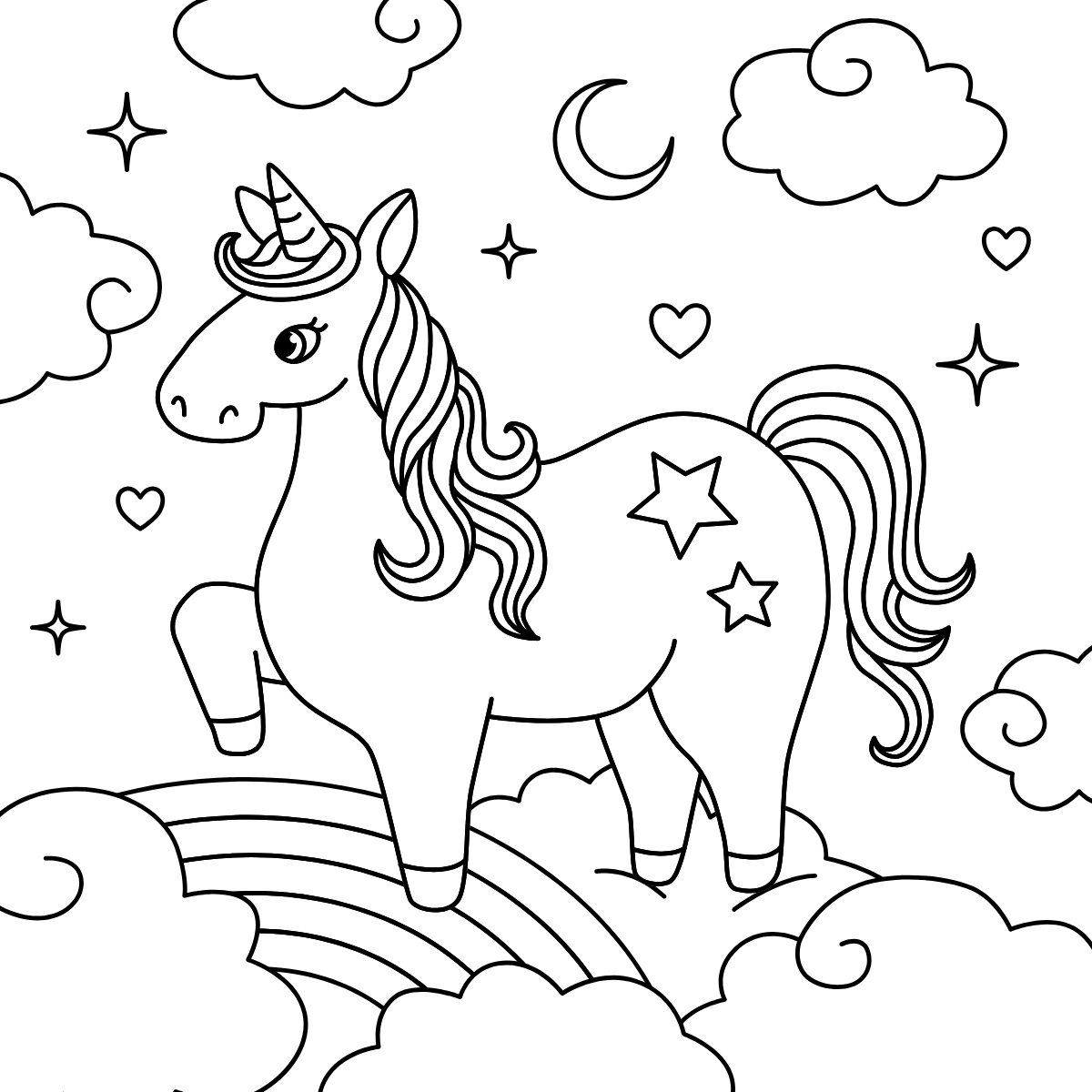 Starry Rainbow Unicorn — printable coloring page