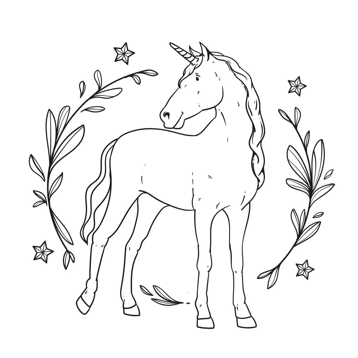 Starry Wreath Unicorn — printable coloring page