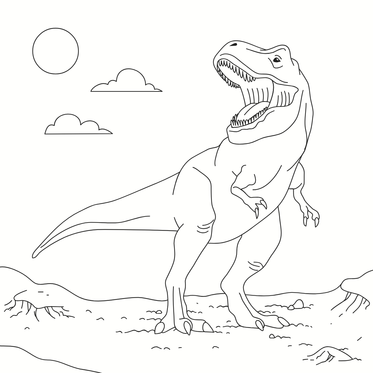 T-Rex in Desert — printable coloring page