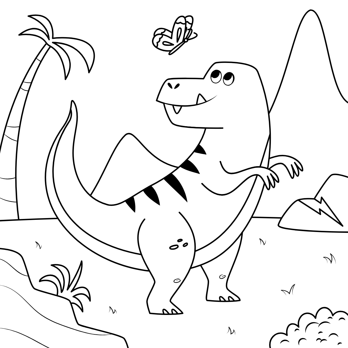 T-Rex with Butterfly — printable coloring page