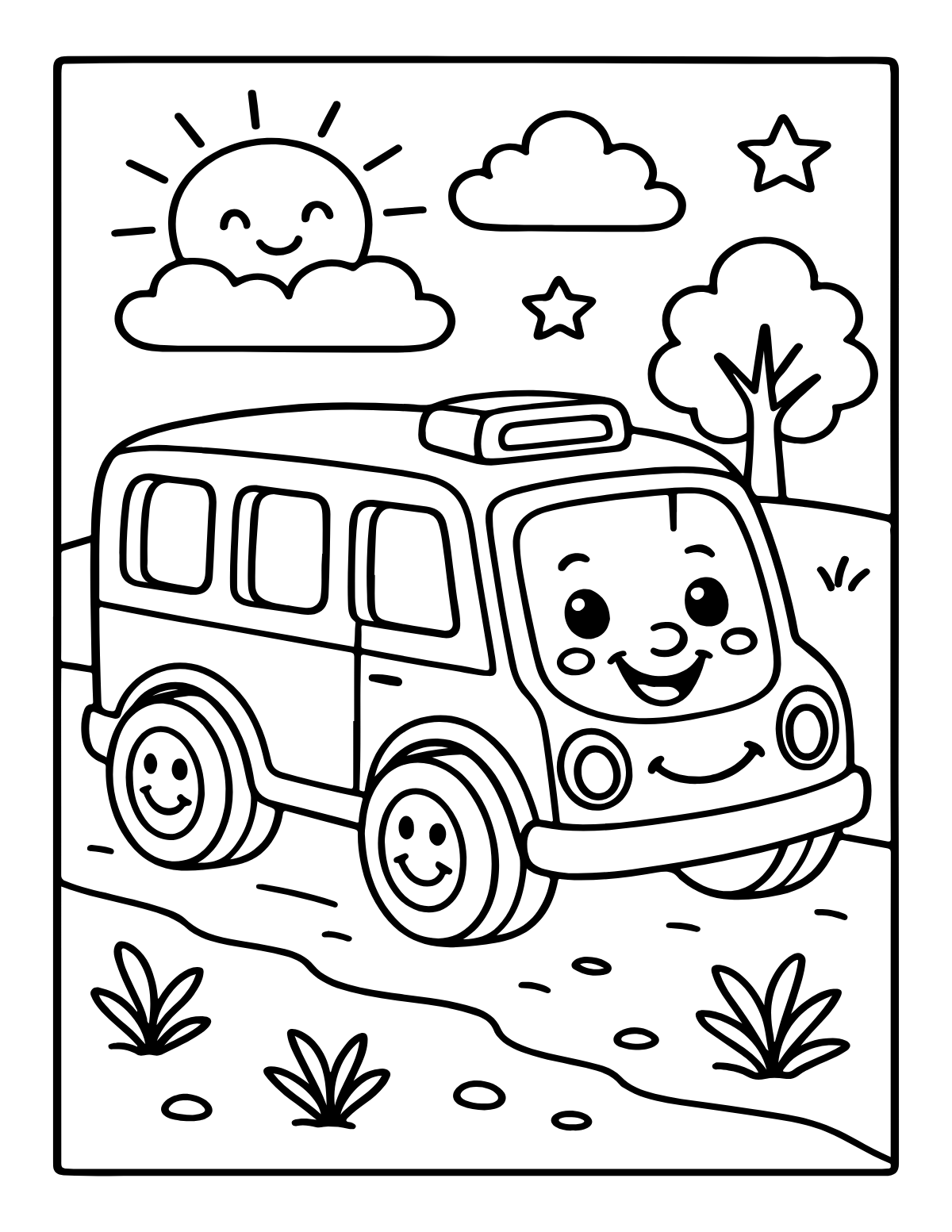 Toy Bus Adventure — printable coloring page