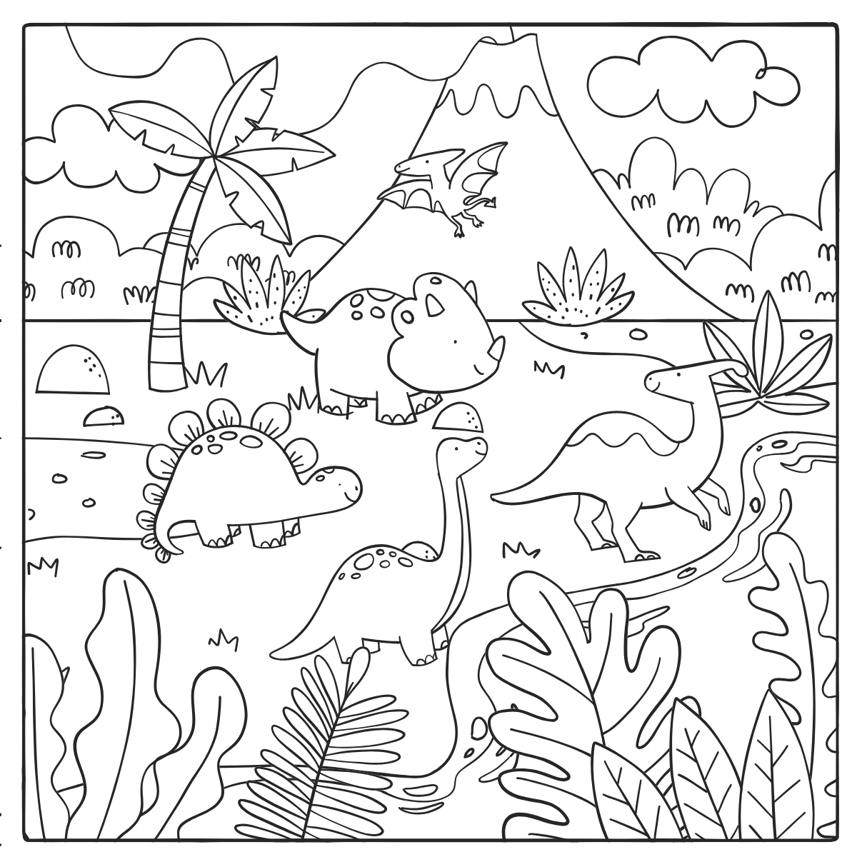 Two Dinosaurs in Jungle — printable coloring page