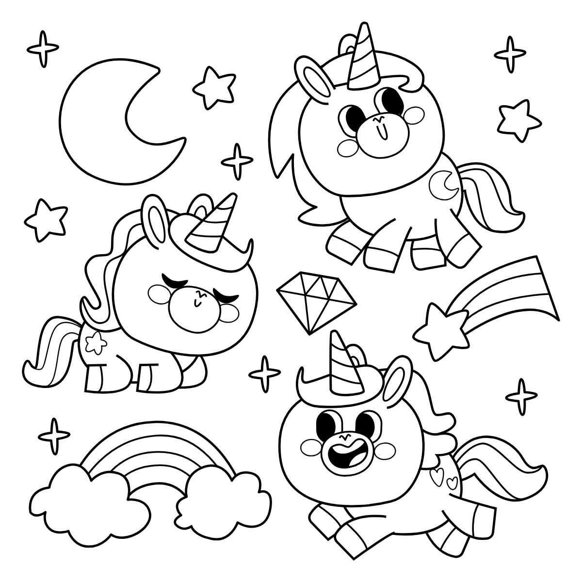 Unicorn Friends — printable coloring page