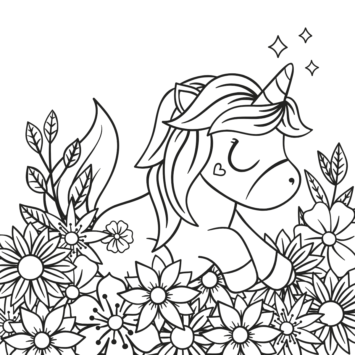 Unicorn in Flower Field — printable coloring page