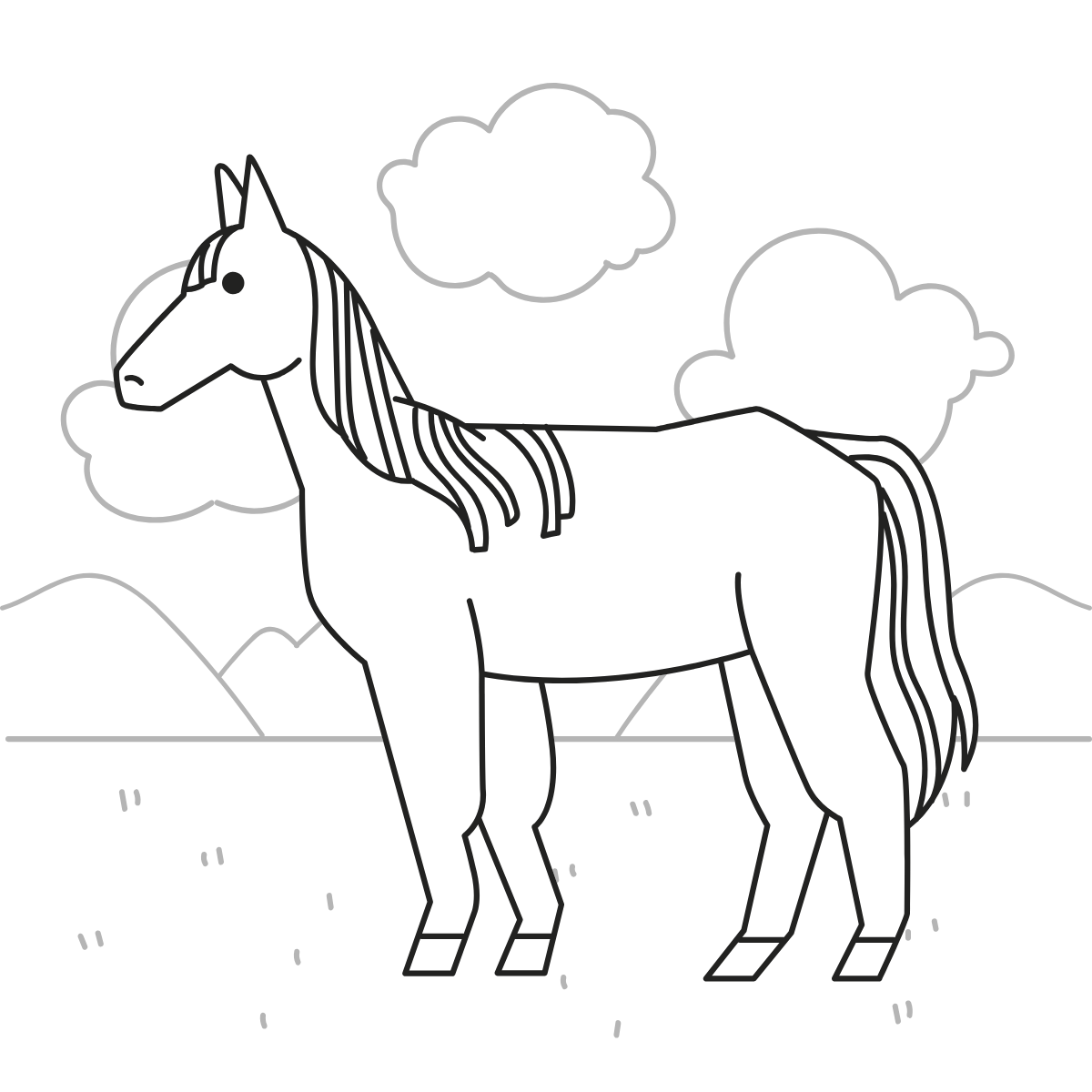 Unicorn in Meadow — printable coloring page