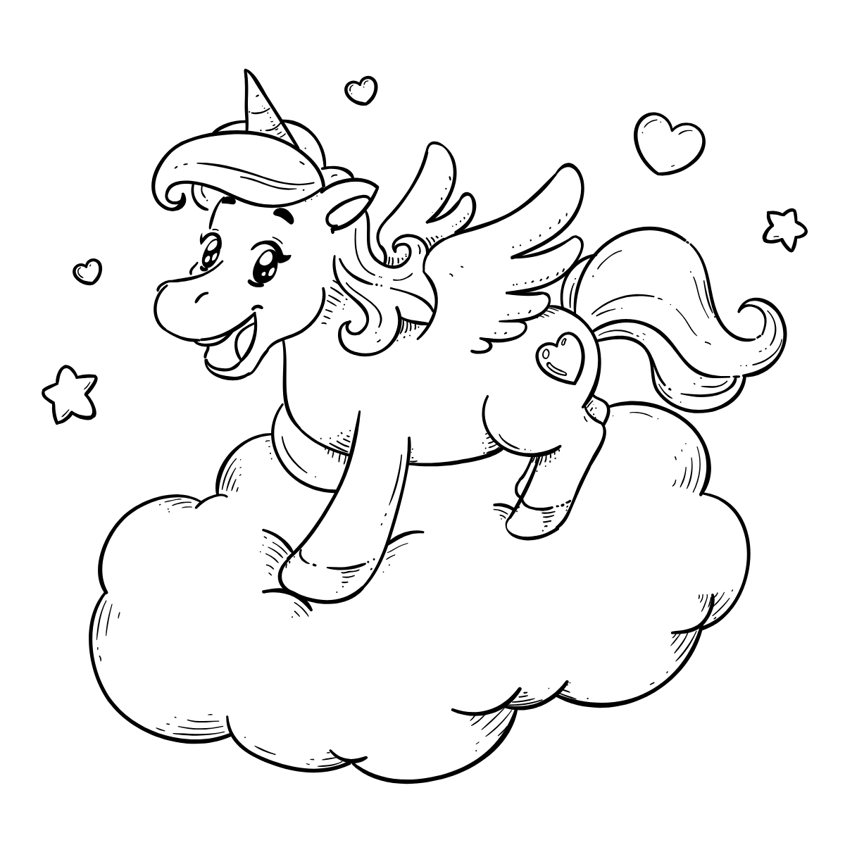 Unicorn on Fluffy Cloud — printable coloring page