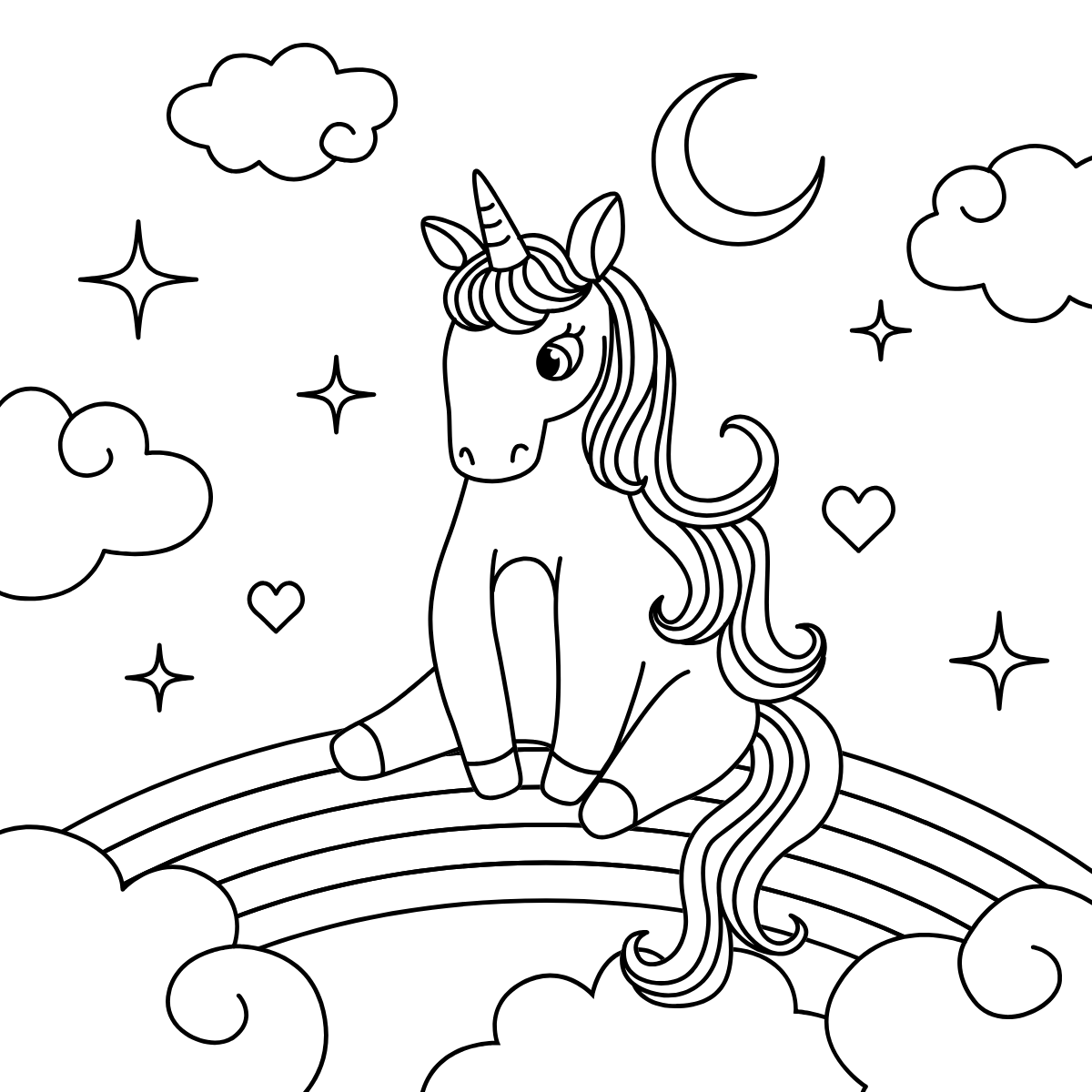 Unicorn on Rainbow Bridge — printable coloring page