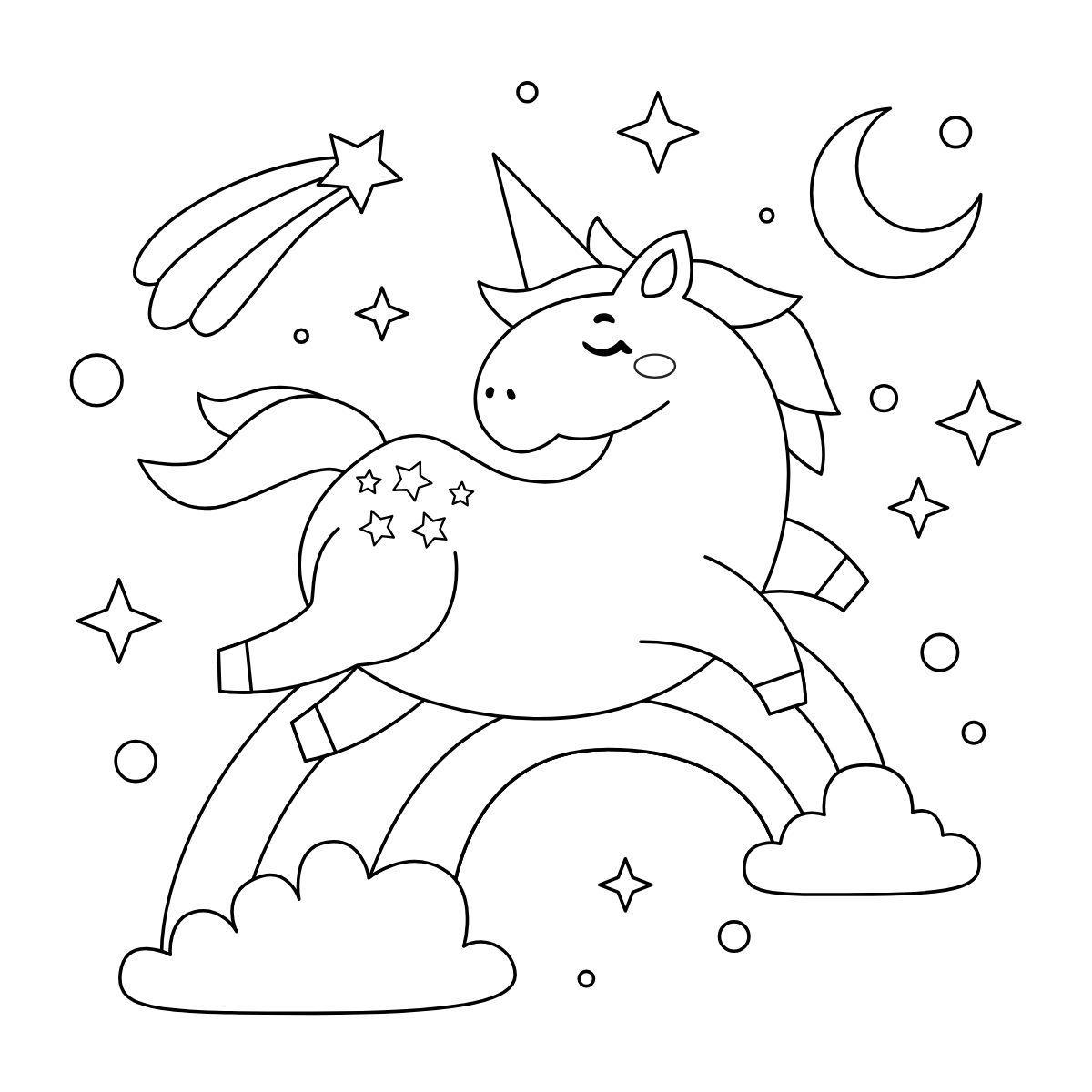 Unicorn on Rainbow Hill — printable coloring page