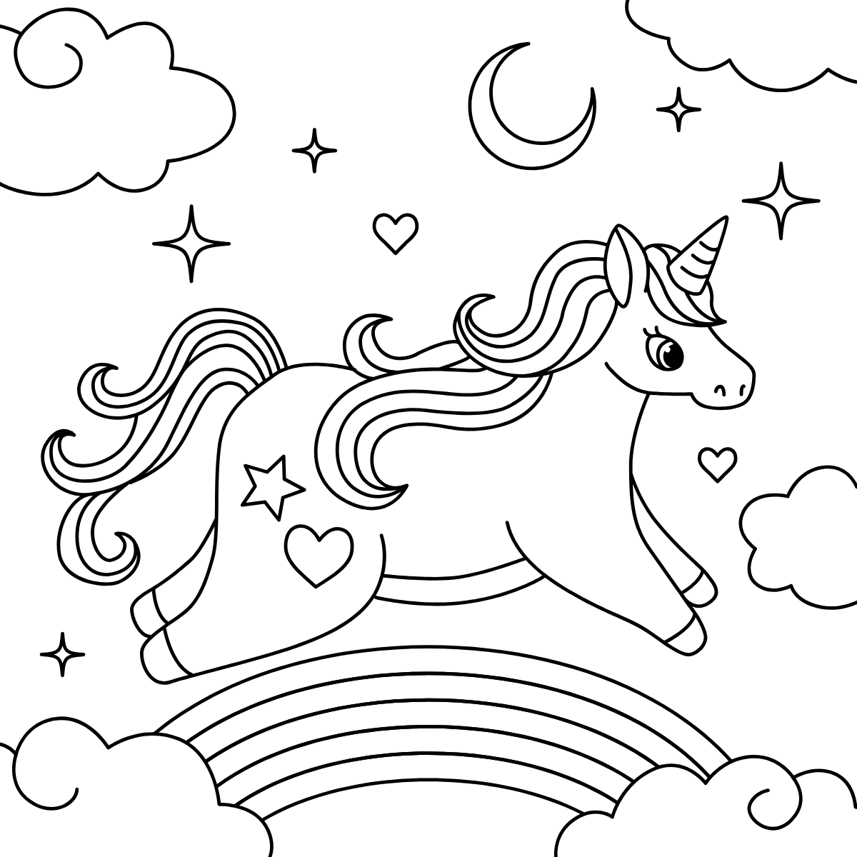 Unicorn on Rainbow — printable coloring page