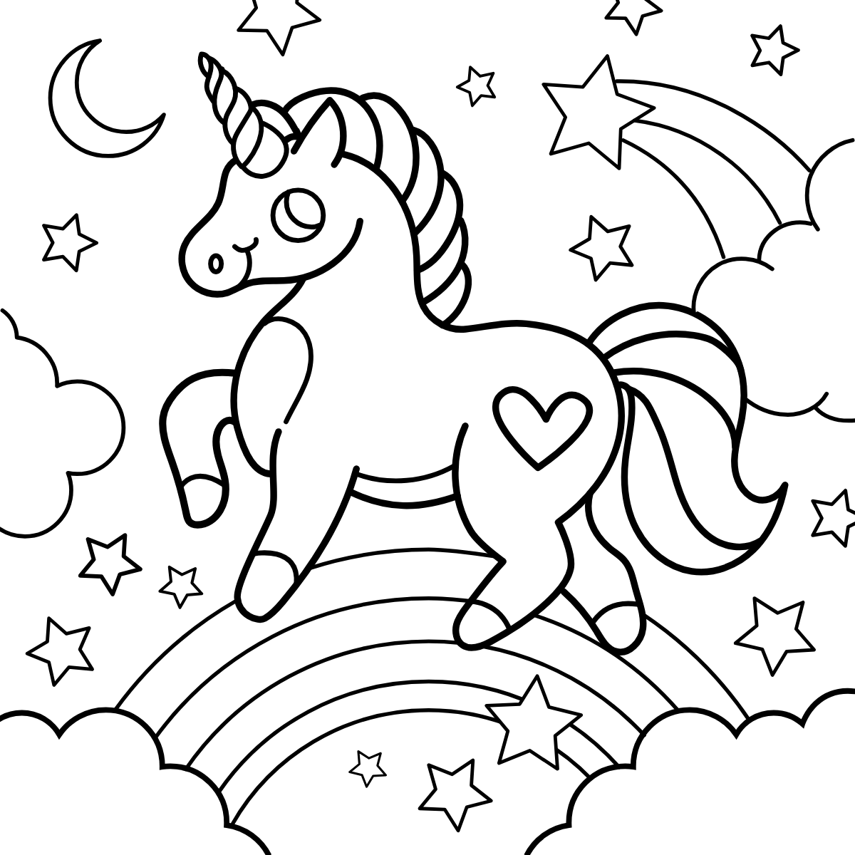 Unicorn on Shooting Star — printable coloring page