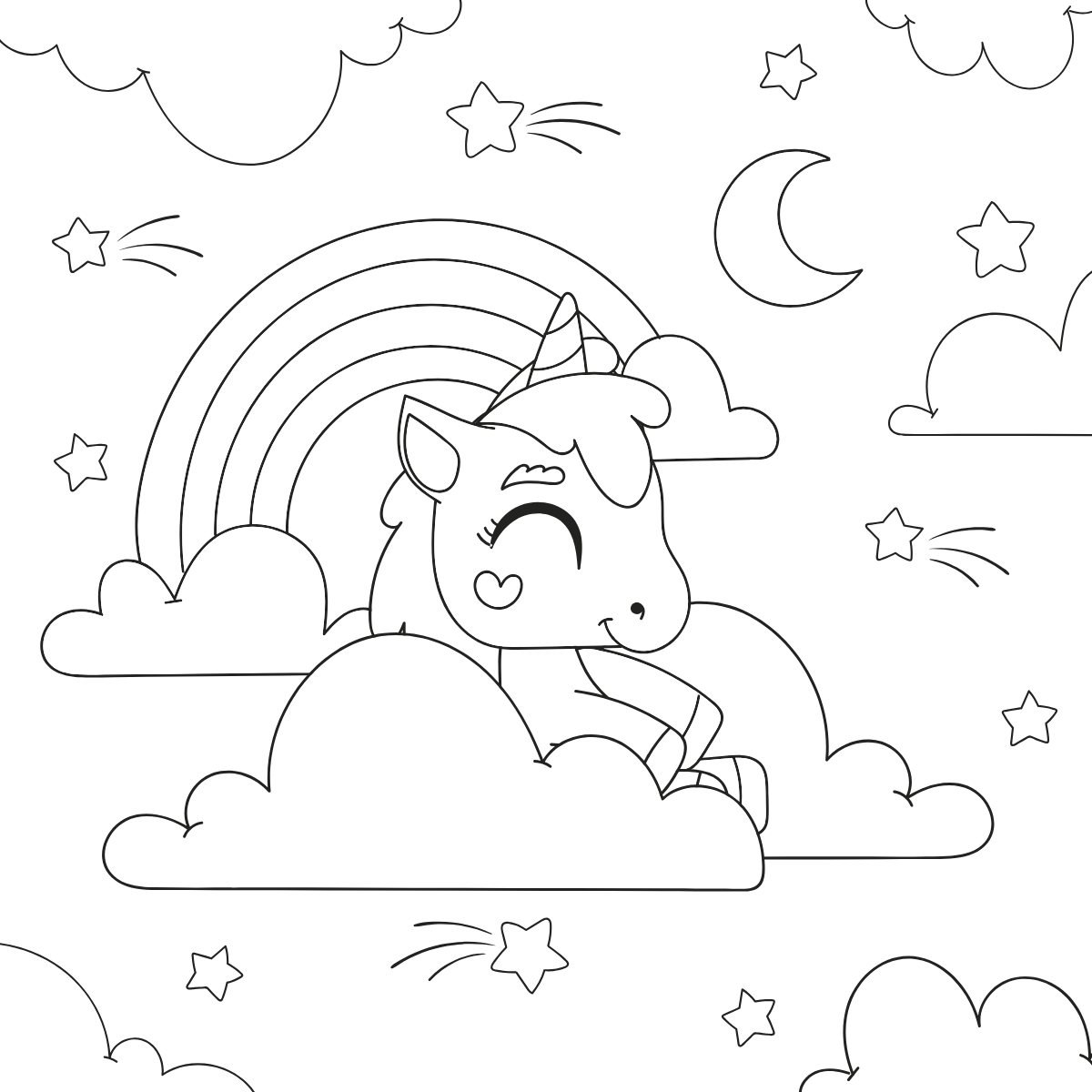 Unicorn Sleeping on Cloud — printable coloring page