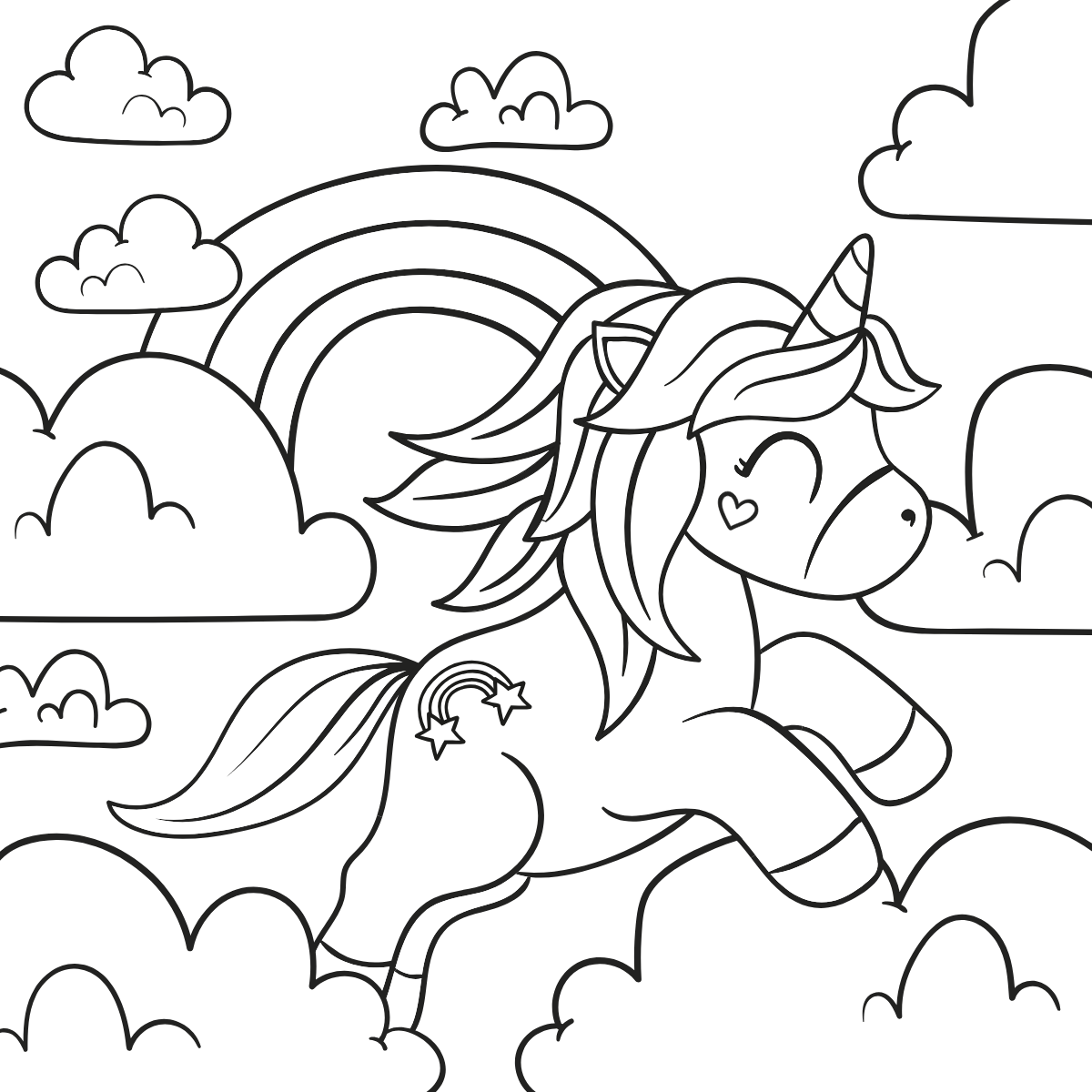 Unicorn Through Clouds — printable coloring page