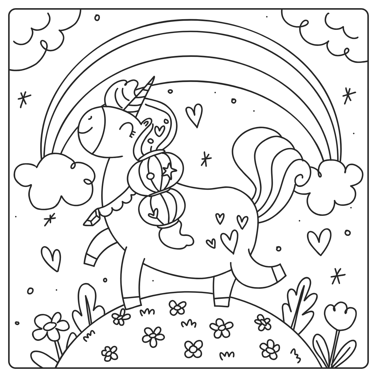 Unicorn Under Rainbow — printable coloring page