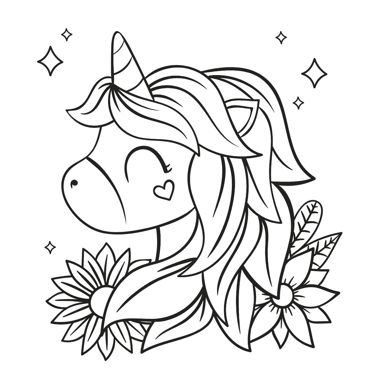 Unicorn with Flowers — printable coloring page