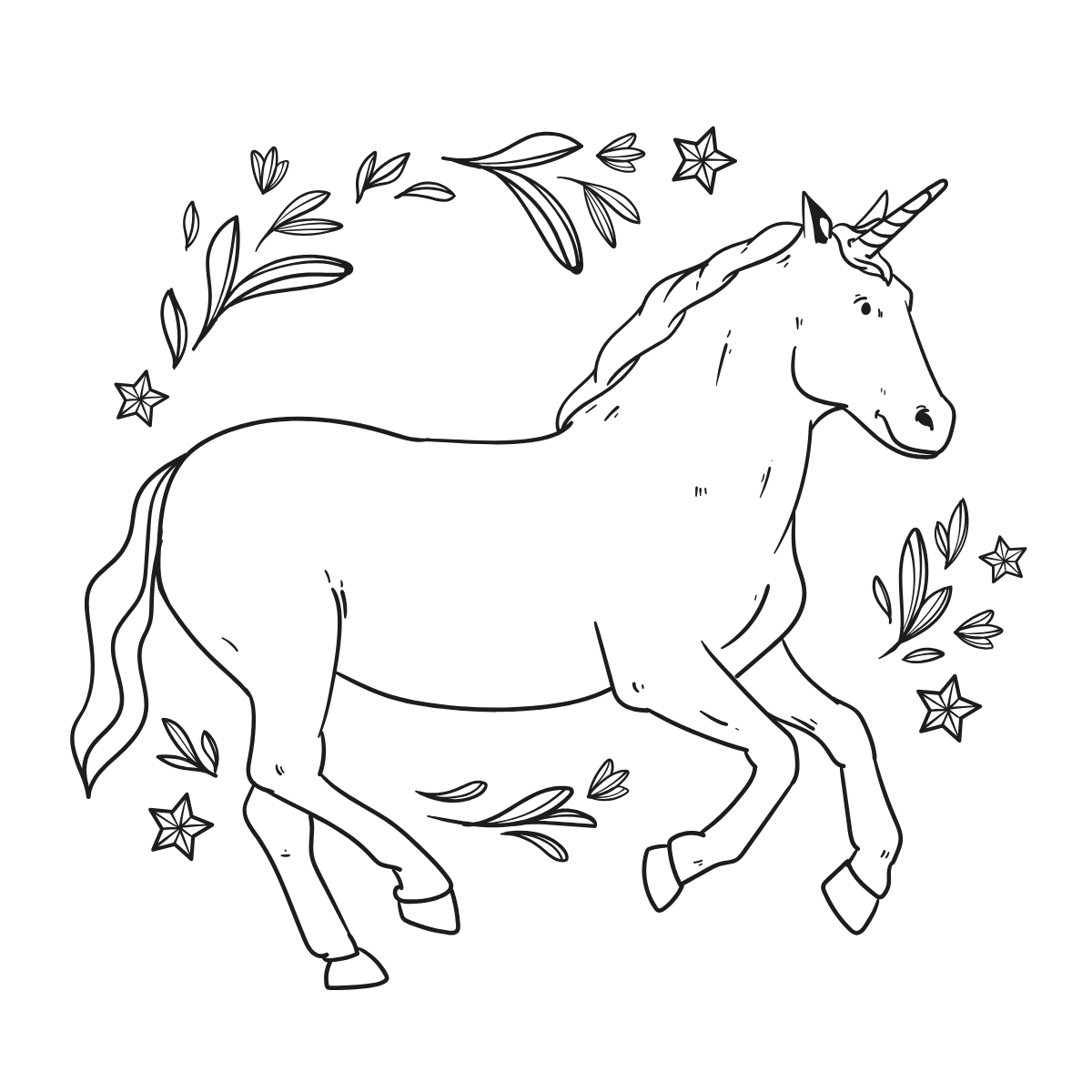 Walking Unicorn with Leaves — printable coloring page