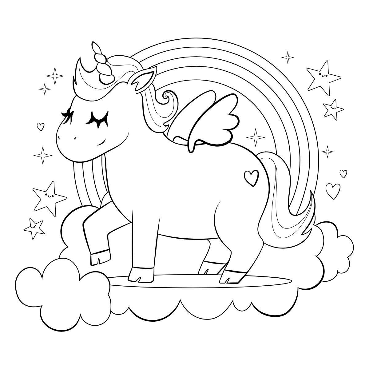 Winged Unicorn on Clouds — printable coloring page